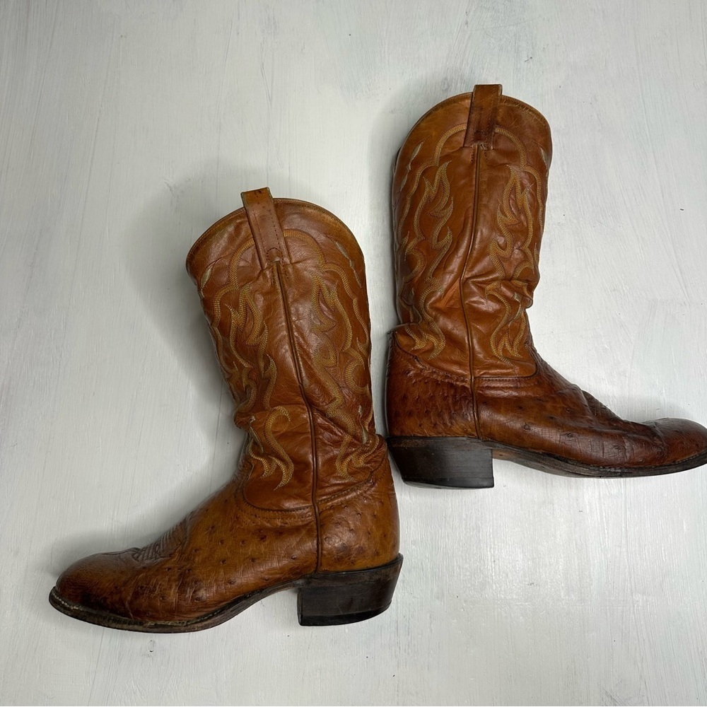 Tony Lama Vintage Ostrich Leather Western Boots Mens 9 D Brown USA - Picture 5 of 16